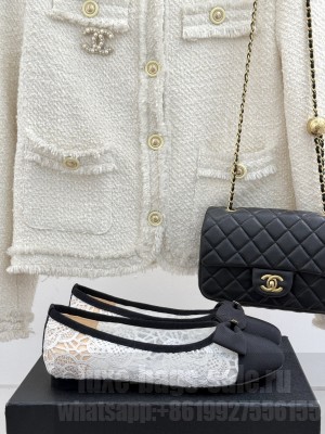 Chanel Lace & Grosgrain Ballet Flats with Bow White 2025 