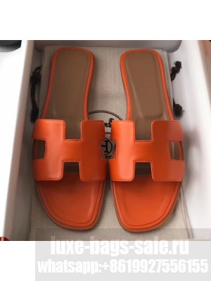 Hermes Oran Flat Slipper Sandals in Swift Box Calfskin Orange 03