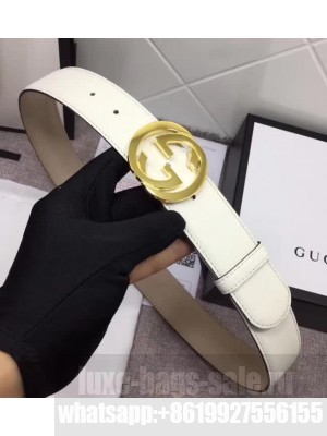 Gucci White Leather Belt with Interlocking G Buckle 370543 37MM Width Gold Hardware 2018