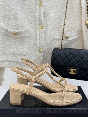 Chanel Lambskin Sandals 5cm with Chain and Heart G46109 Beige