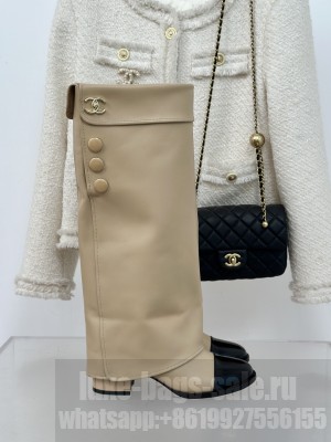 Chanel Women's Lambskin & Patent Calfskin with Buttons Beige Long Boots 2024 