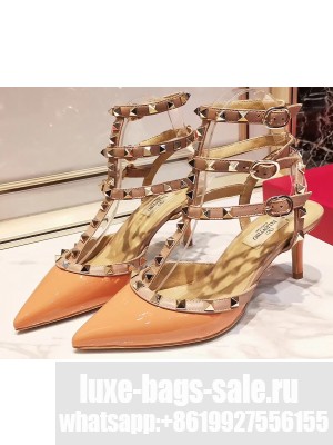 Valentino Heel 9.5cm Rockstud Caged Ankle Strap Pumps in Patent Leather Orange