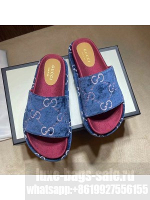 Gucci Velvet GG Platform Slide Sandal 573018 Blue 2021 Collection