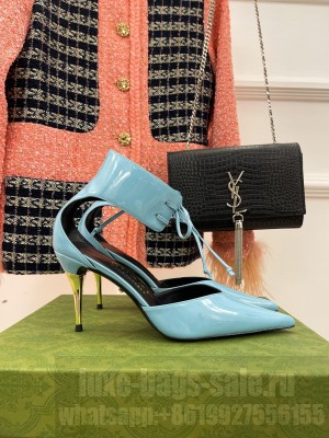 Gucci 8.5cm Metal heel Pointed Blue patent leather ankle Pumps