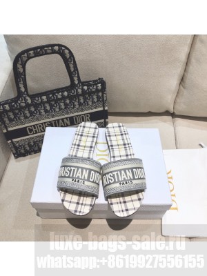 Dior Dway Flat Slide Sandals in French Grey Check'n'Dior Embroidered Cotton 2021 Collection 