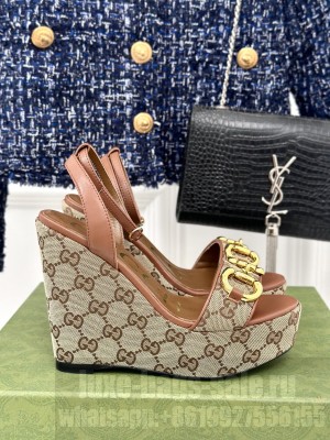 Gucci Women's Canvas 12cm Horsebit Wedge Sandals Brown