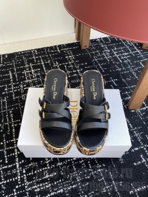 Dior L'Amazone Wedge Slide Black Calfskin and Natural Graphic Cannage Raffia