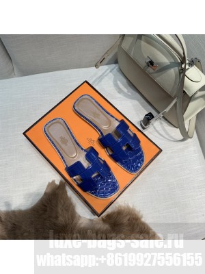 Hermes Oran Flat slippers with Stone pattern Blue 074 2021 Collection