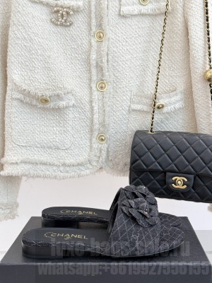 Chanel Quilted Denim Flat Slides Sandal with Camellia Black 2025