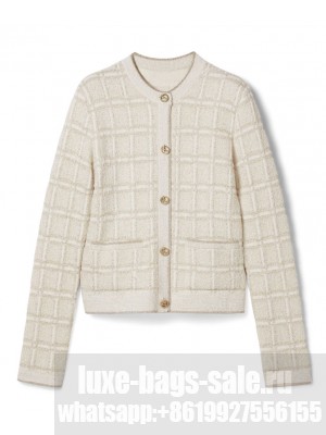 Gucci Women's Wool And Lame Check Jacquard Cardigan Cream