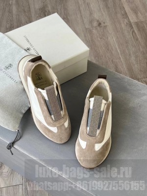 Brunello Cucinelli Suede and techno fabric runners with precious detail beige