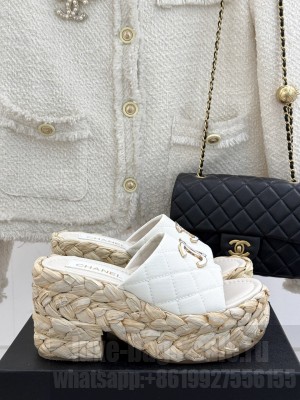 Chanel cotton platform double C slipper white heel 8cm 2025
