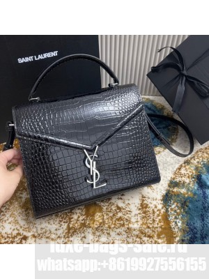 SAINT LAURENT CASSANDRA MEDIUM TOP HANDLE BAG IN CROCODILE-EMBOSSED SHINY LEATHER 623931 BLACK