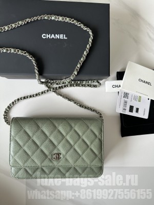 Chanel Caviar Leather & Silver-Tone Metal Wallet On Chain WOC Bag A33814 Green