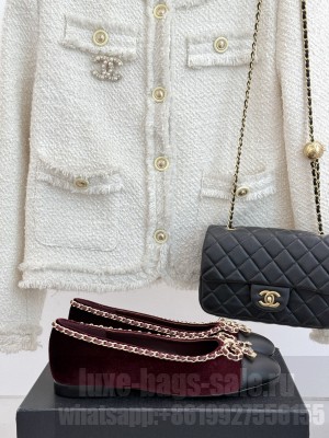 Chanel Velvet Ballet Flats with Chain Bow Burgundy 2025