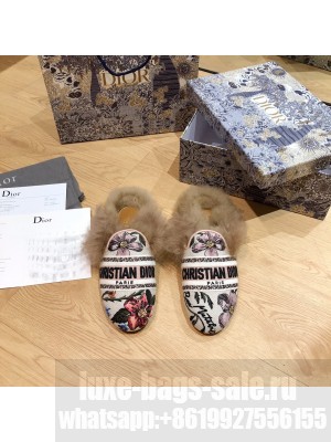 DIOR OFF MULE Multicolor Embroidered Cotton Fur Flat Slippers 03