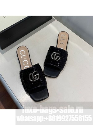 Gucci GG Sequins Slide Sandals Black 2021 Collection