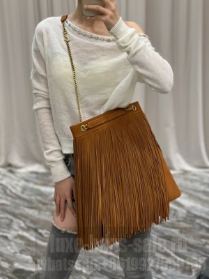 SAINT LAURENT MEDIUM CHAIN BAG IN LIGHT SUEDE WITH FRINGES 633752 Brown