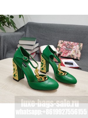 DOLCE & GABBANA LOGO HEEL 10.5CM CHAIN LEATHER T-STRAP PUMPS 2022 GREEN