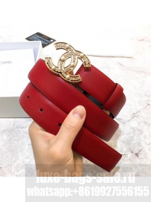 Chanel Width 3cm Calfskin Belt With Crystal Pearl CC Buckle Red 2020 Collection