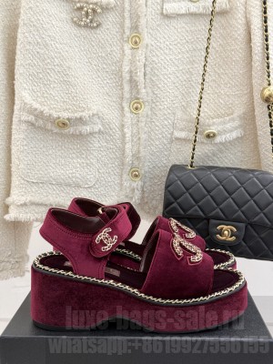Chanel platform double C with chain sandals Burgundy Velvet 2025