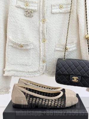 Chanel Crochet Straw Ballet Flats Black/Beige 2025 