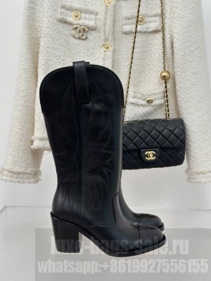 Chanel Calfskin Embroidery 7cm High Heel Boots Black 2024 