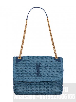 Saint Laurent Niki Medium Chain Bag In Raffia And Leather Blue