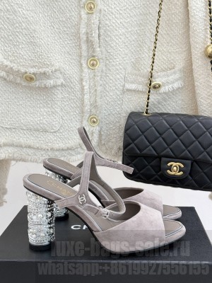 Chanel Sandals Suede Kidskin, Imitation Pearls, Strass & Metal Light Gray G46097 heel 8.5cm 2025