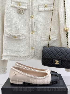 Chanel Lambskin & Patent Calfskin Ballet Flats with Pearls Beige 2025