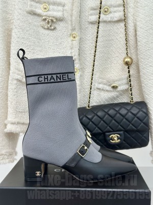 Chanel Knit Ankle Boots With Charm Buckle Strap Gray