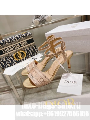 DIOR HEEL 6.5CM DWAY SANDALS IN COTTON EMBROIDERED WITH THREAD AND STRASS GOLD 2022 COLLECTION