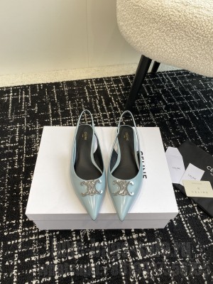 CELINE ALMA TRIOMPHE FLAT SLINGBACK IN GLOSSY CALFSKIN BLUE