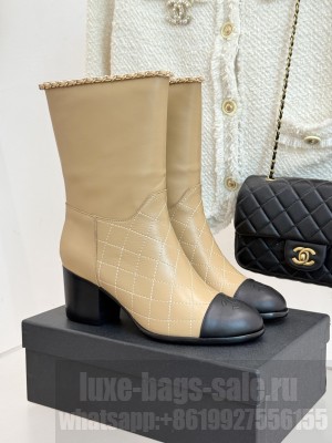 Chanel Quilted Calfskin & Leather 6cm with Chain Ankle Boots Beige 