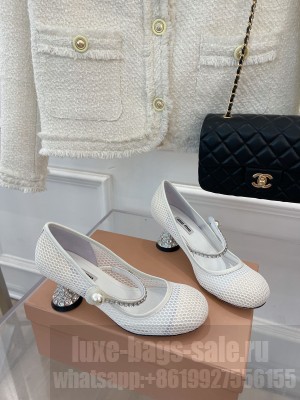 Miu Miu Women's Embellished Mesh Mary Jane Pumps White