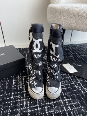 Chanel Graffiti Canvas High Boots Black
