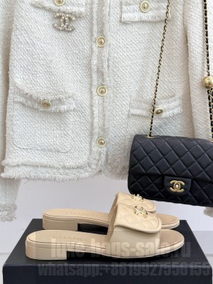 Chanel Quilted Lambskin Flat Slides Sandal with Foldover G45474 Beige 2025 