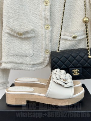 Chanel Calfskin Heel Slides Sandal 4cm with Camellia Bloom 05
