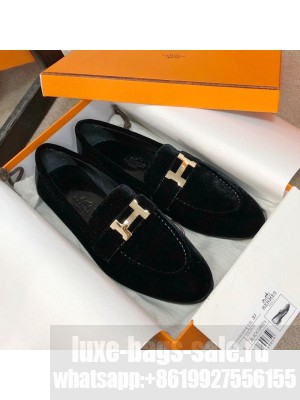 Hermes Paris Suede Flat Loafers Black 2020 Collection