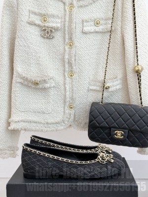 Chanel Quilted Denim Ballet Flats with Chain Bow Black 2025