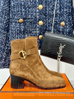 Hermes Jill 60 ankle boot in suede calfskin golden Glenan buckle brown