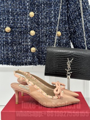 VALENTINO ROCKSTUD BOW SLINGBACK PUMP IN BEIGE PATENT LEATHER WITH MATCHING STUDS 60MM