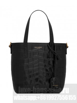 Saint Laurent Paris Mini Toy Shopping In Crocodile-Embossed Leather Black