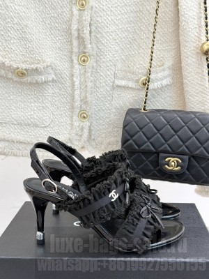 Chanel Fabric Trim Bow Heel 8cm Sandals 2025 Black