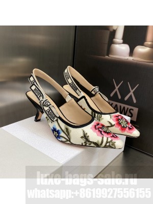 Dior J'Adior Slingback Pumps 6.5cm in White Multicolor Cotton Embroidered with Petites Fleurs Motif 2023
