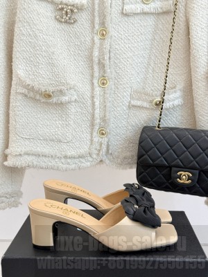 Chanel Lambskin Camellia Bow Heel Slides Mule Beige 2025 