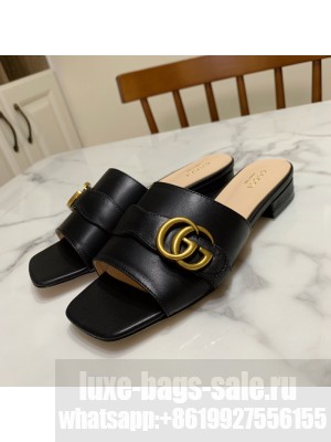 Gucci Leather Double G Flat Slide Sandals Black 2021 Collection