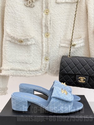 Chanel Quilted Denim Heel Slides Sandal 5cm with Foldover G45474 Light Blue 2025