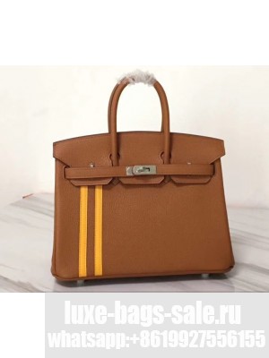 Hermes yellow Striped Birkin 25 Bag in original togo Leather Brown
