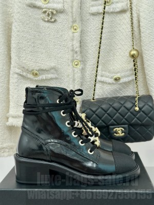 Chanel Calfskin, Grosgrain, Imitation Pearls, Strass & Metal  G45856 Combat  Ankle Boots Black